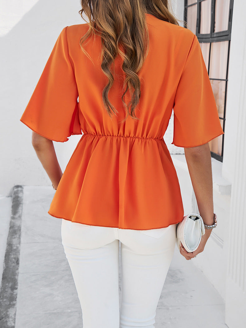 Orange V-Neck Ribbon Tie Blouse