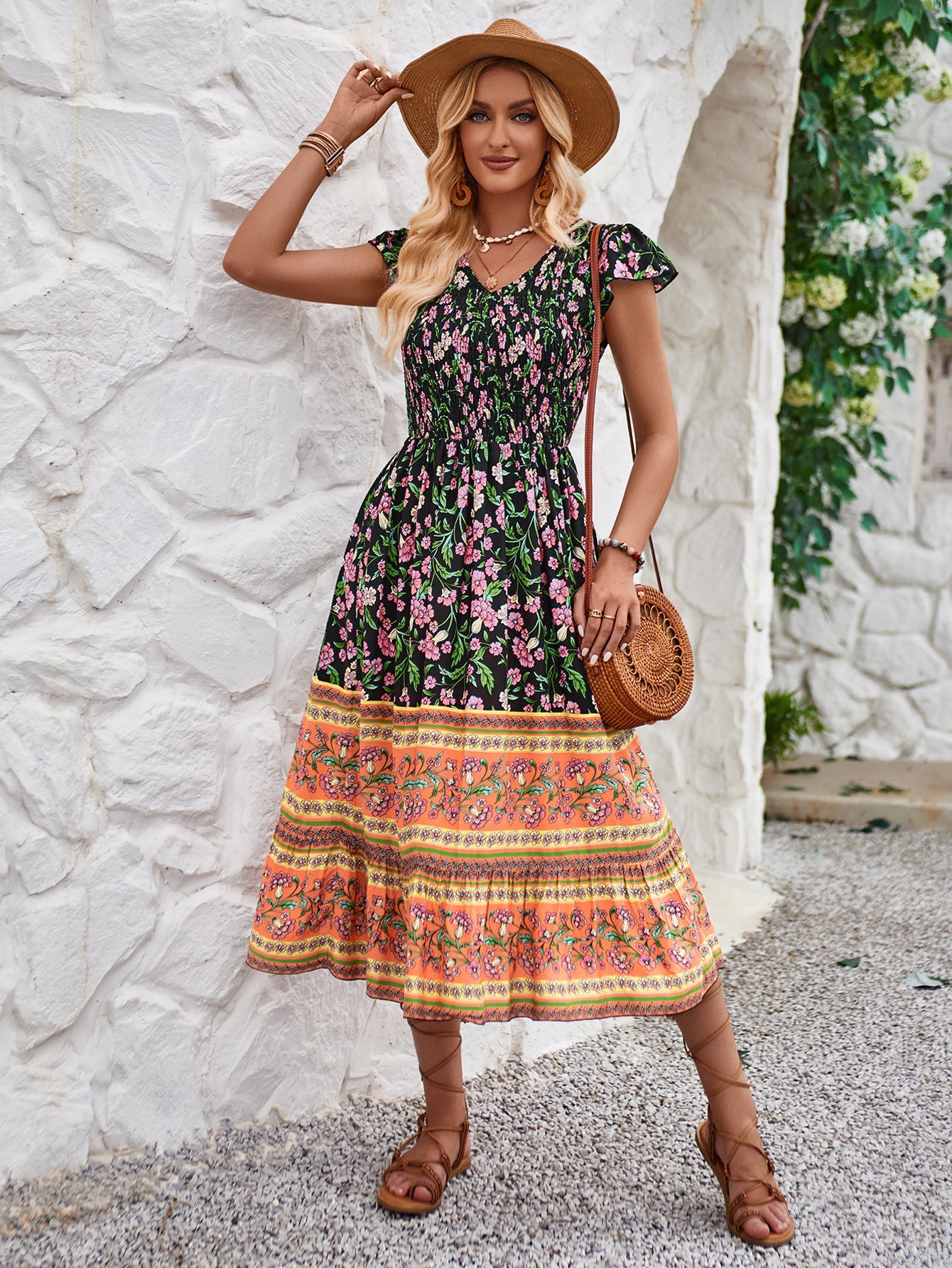 Abito slim casual a vita alta con pieghe floreali Boho 