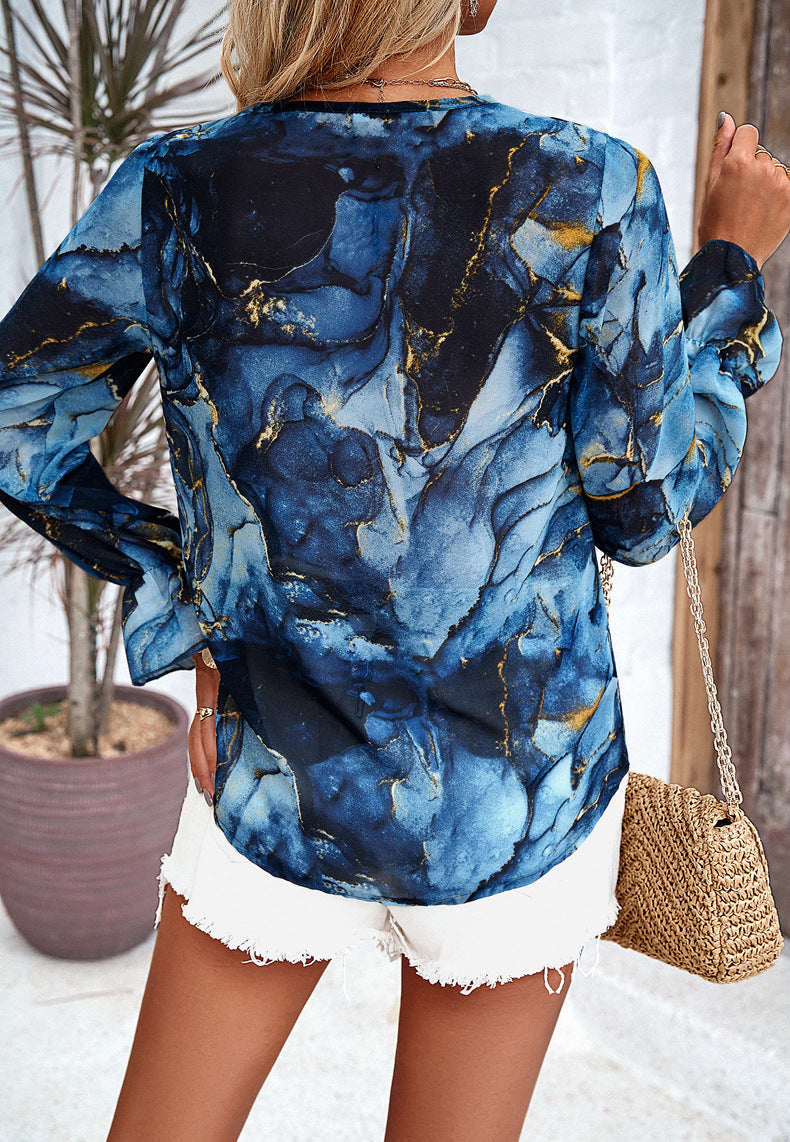 Camicia a maniche lunghe con stampa floreale e pizzo casual blu 