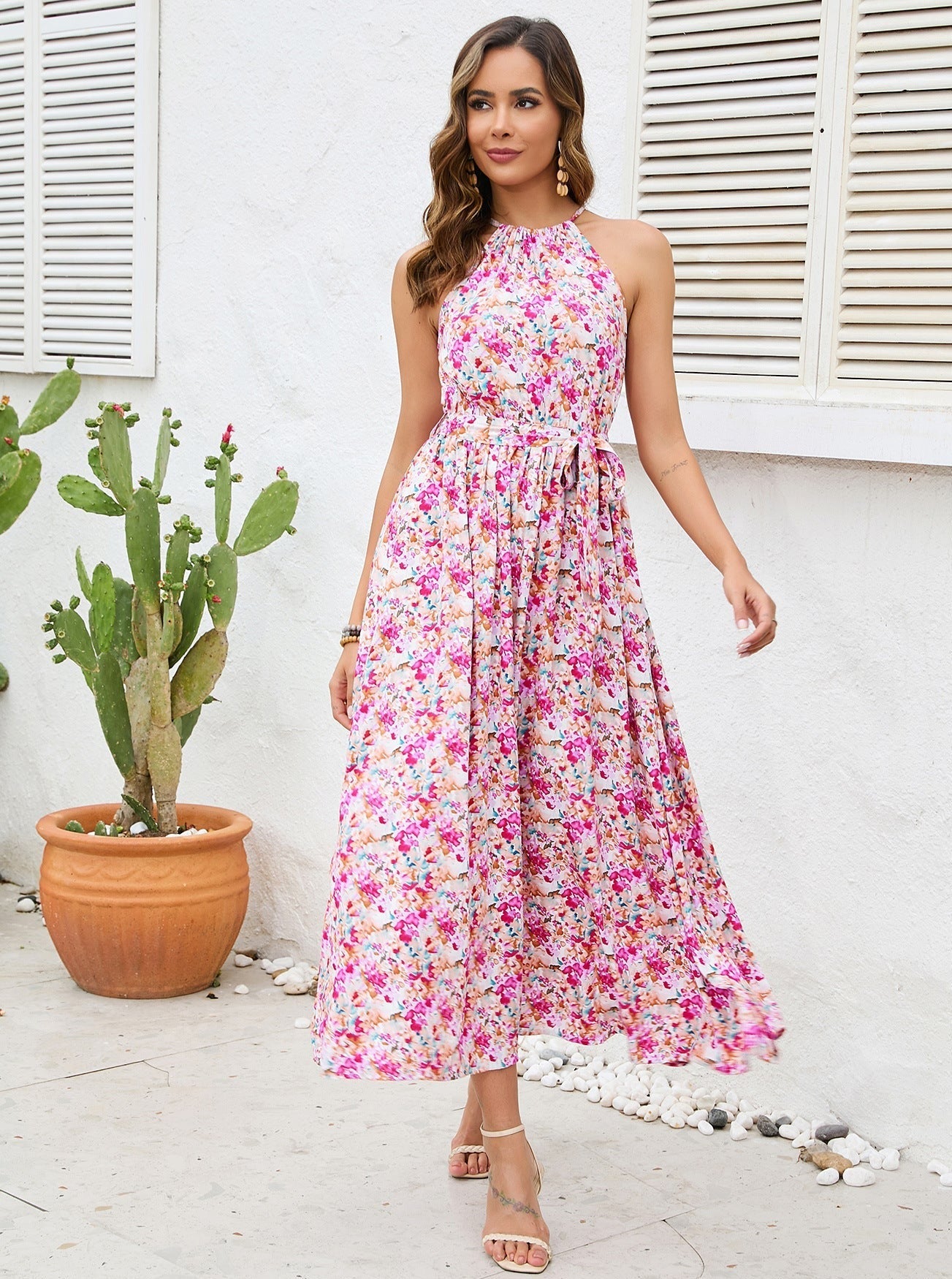 Pink Floral Tie Waist Halter Dress