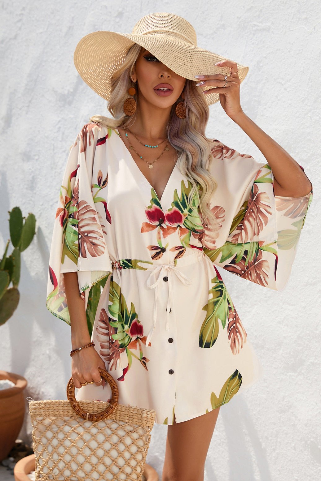 Floral Boho Damen Kimono Playsuit Kurzärmelig - Sommer Strandmode Jumpsuit Bunt