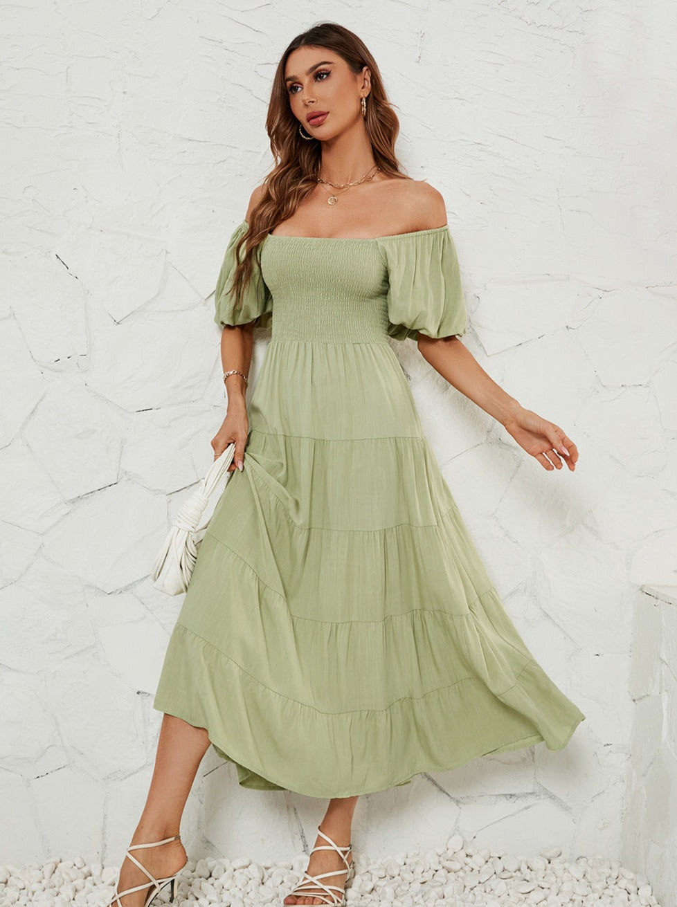 Green High Waist Bubble Sleeve Square Neck Maxi Dress