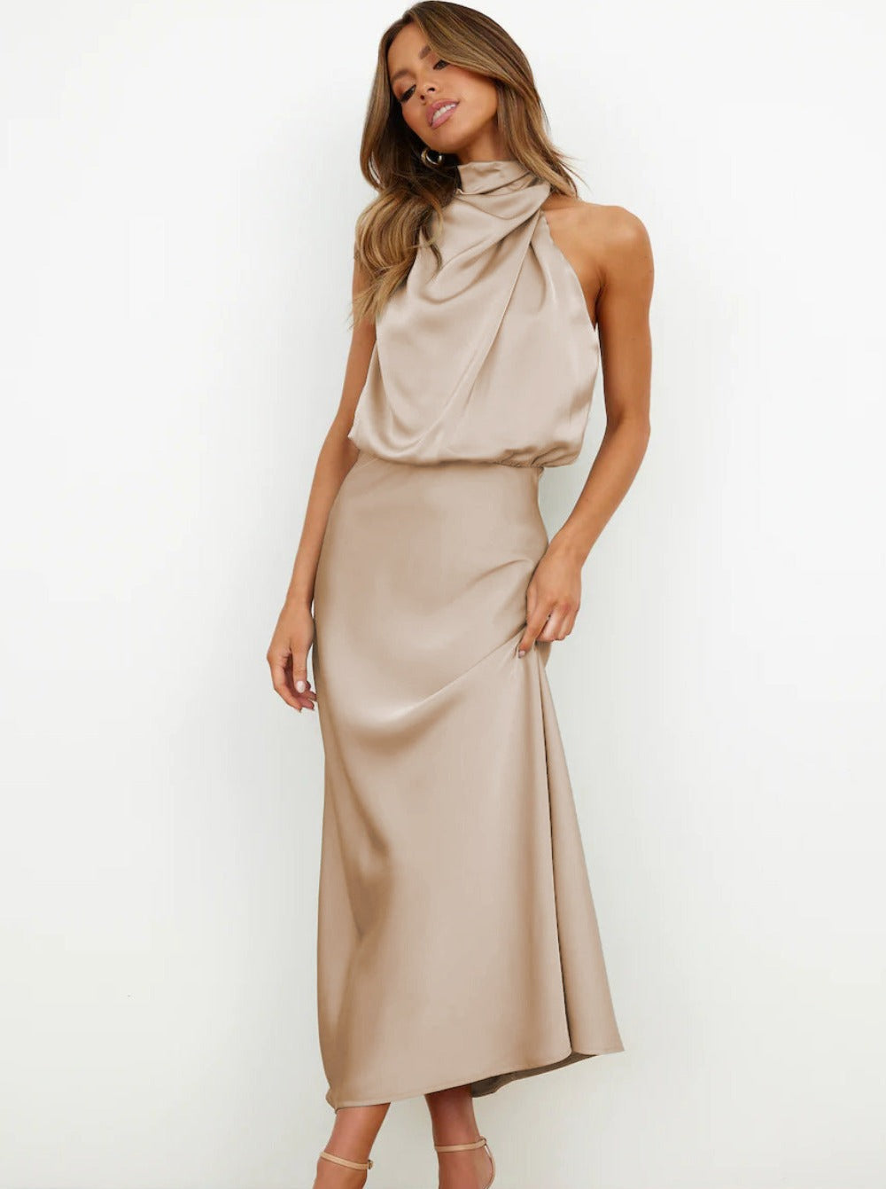 Damen Abendkleider Beige Festliches Maxikleid Elegantes Langes Hochzeitsgast Kleid Satin für Cocktail