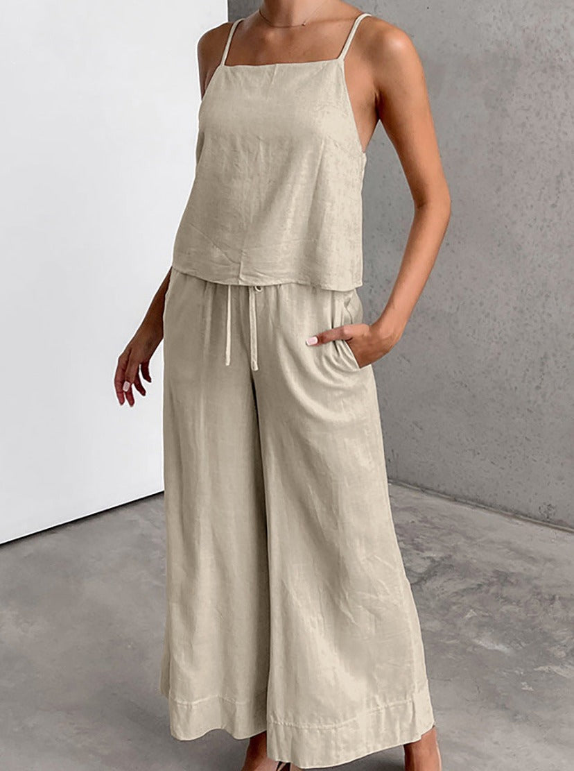 Lace-Up Casual Sleeveless Top Wide Leg Pants Two Piece Set