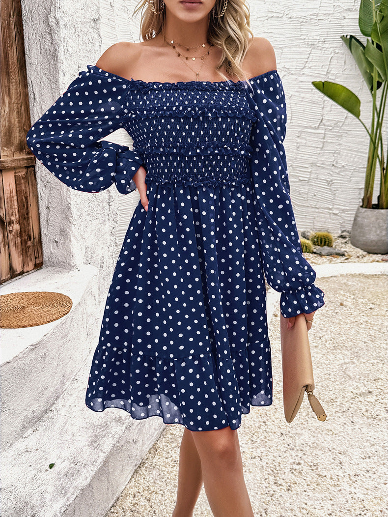 Abito casual a pois blu con spalle scoperte 