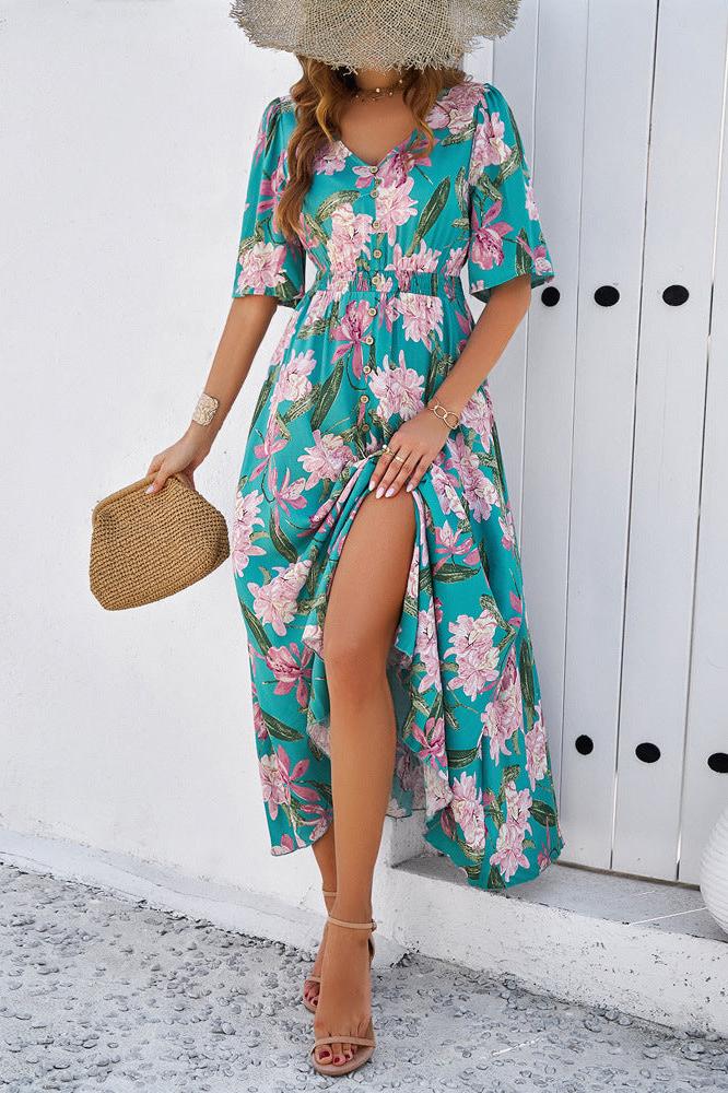 Green Chic Summer Floral V-Neck Side Slit Midi Dress