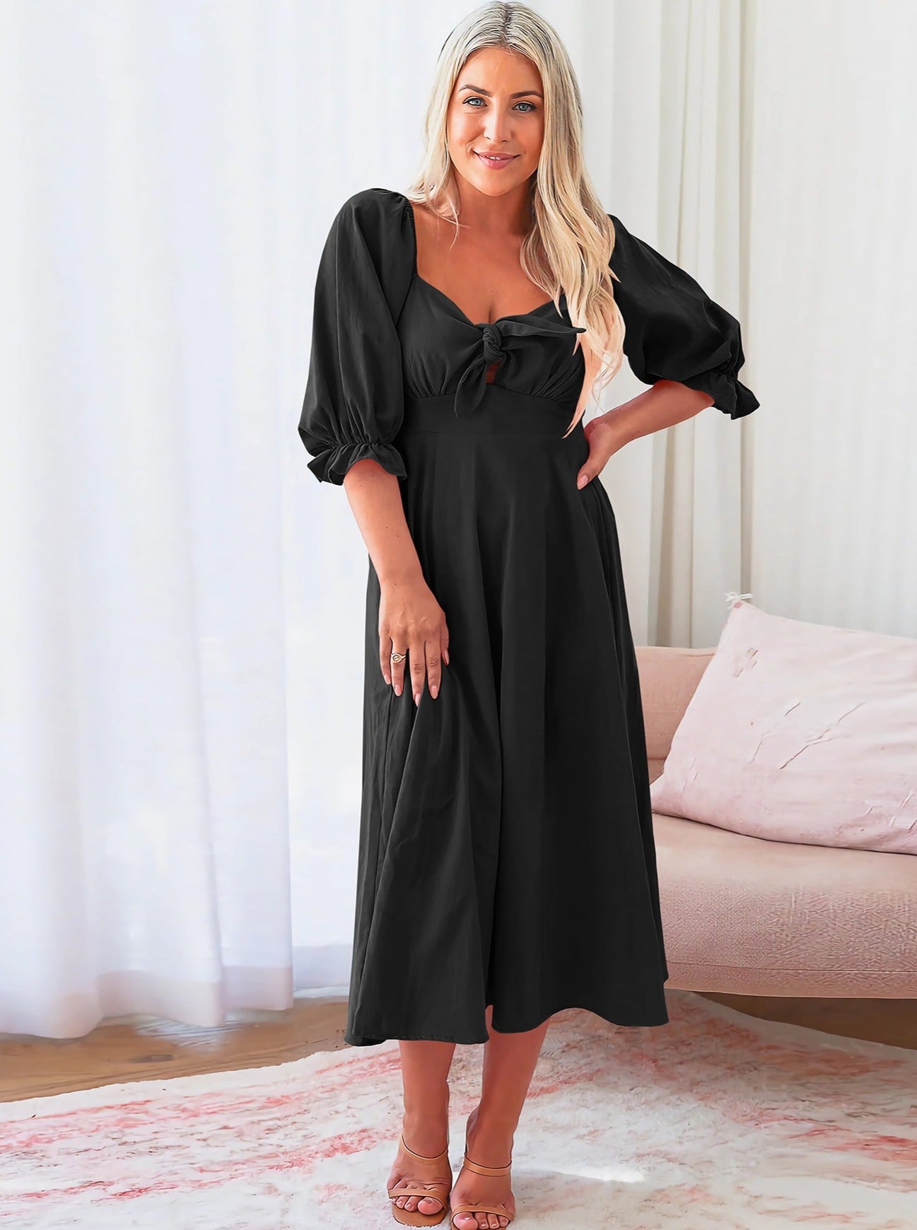 Square Neck Knotted Puff Sleeves Cutout Casual Summer Dress