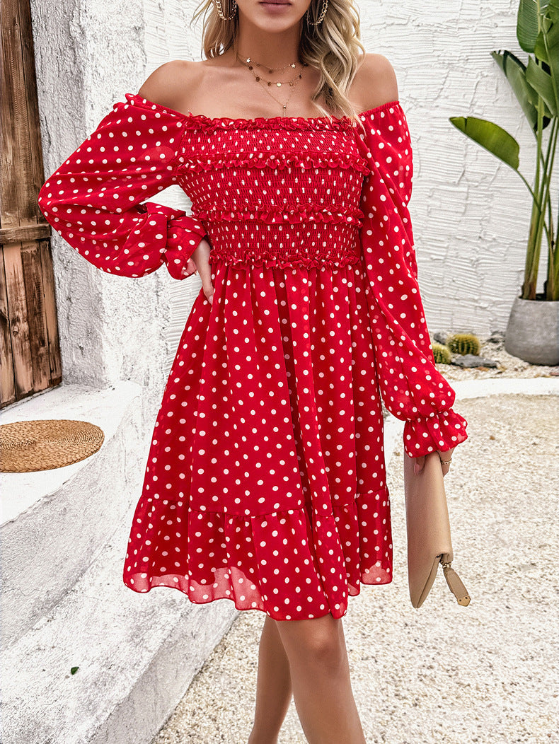 Abito casual a pois con spalle scoperte rosso 