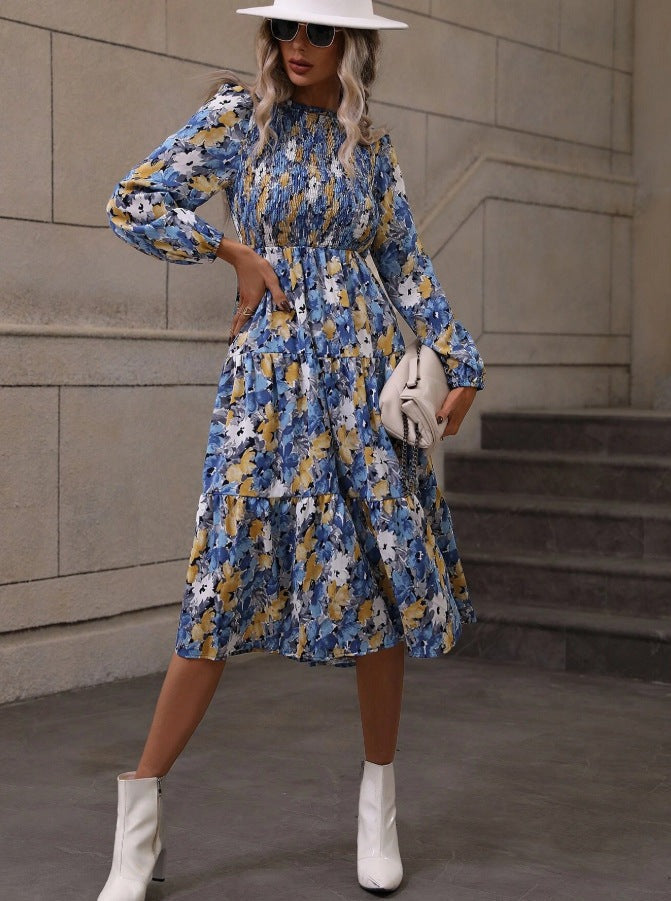 Floral Printed Lantern Sleeve Flared Dress