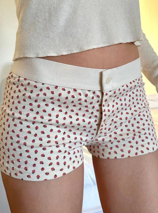 White Strawberry Printed Button Shorts