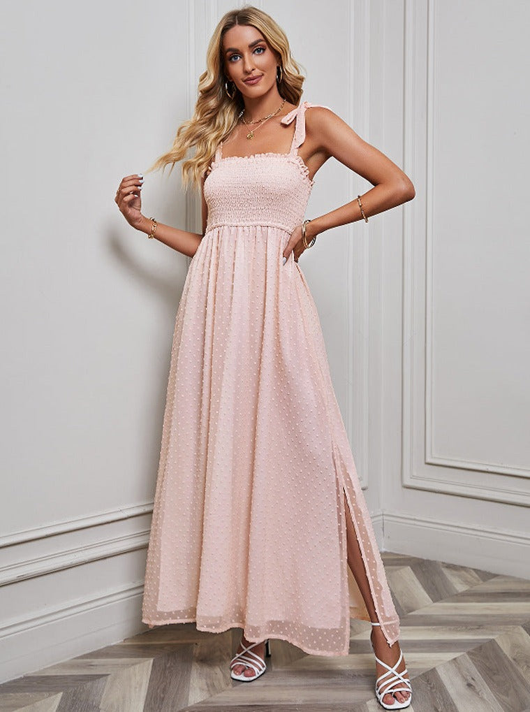 Cute Plain Color Ribbon Shoulder Textured Slit Dress