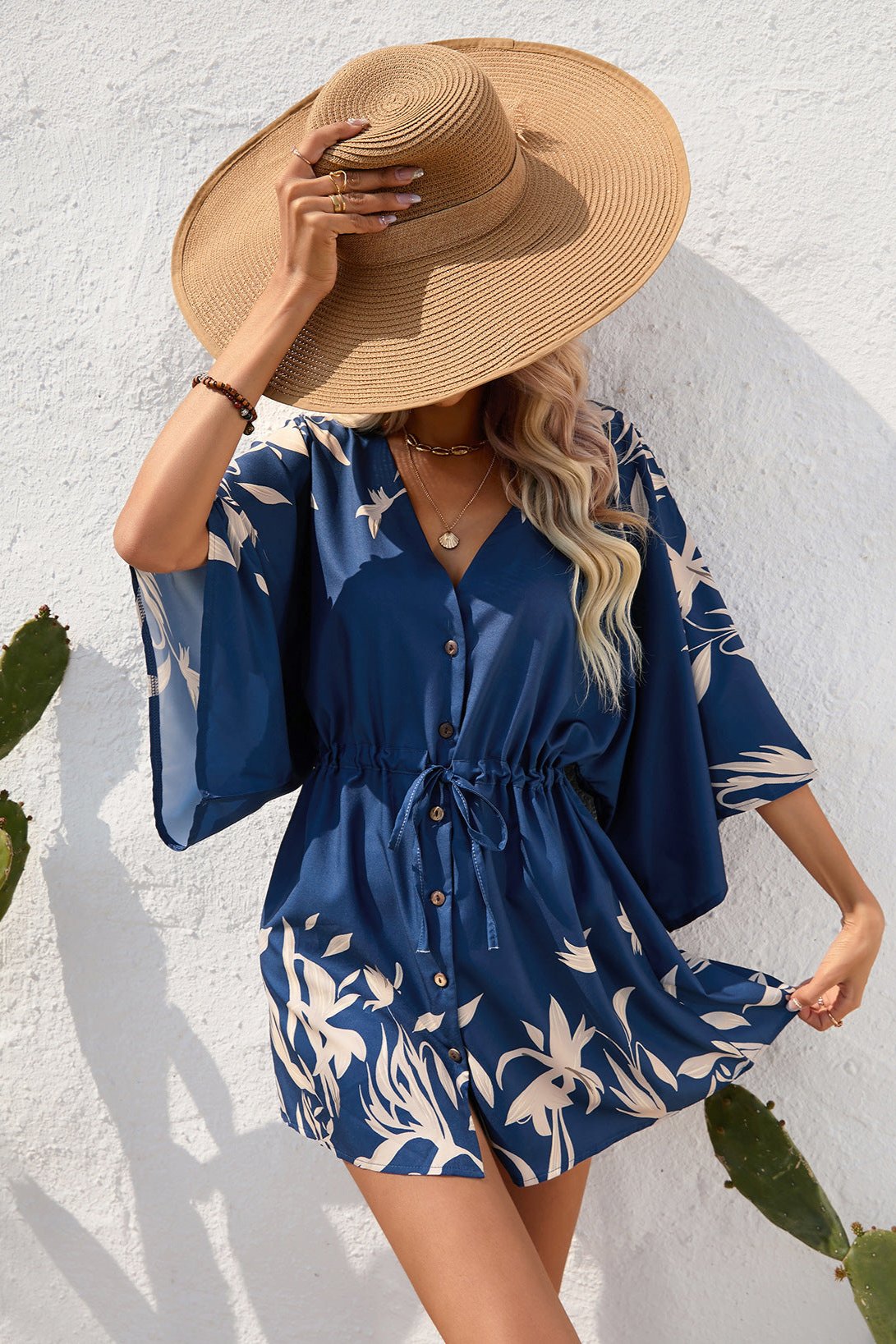 Floral Boho Damen Kimono Playsuit Kurzärmelig - Sommer Strandmode Jumpsuit Bunt