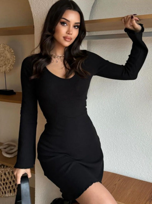 Round Neck Long Sleeve Ribbed High Waist Dress