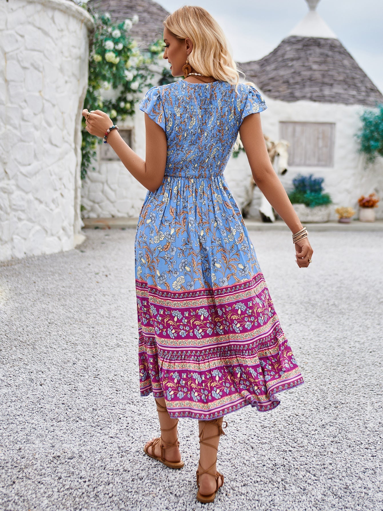 Abito slim casual a vita alta con pieghe floreali Boho 