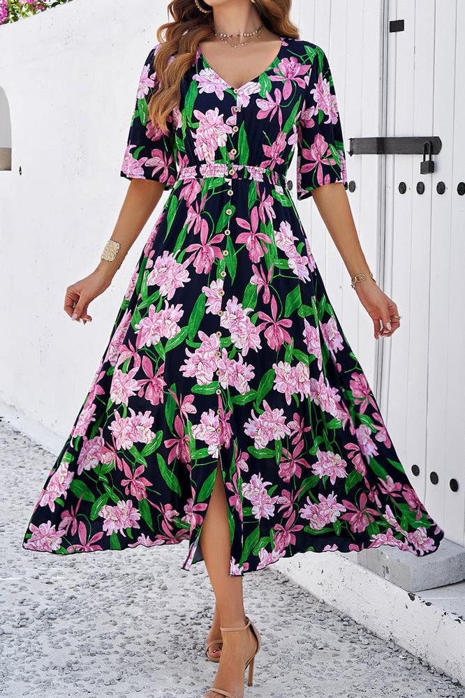 Chic Summer Floral V-Neck Side Slit Midi Dress