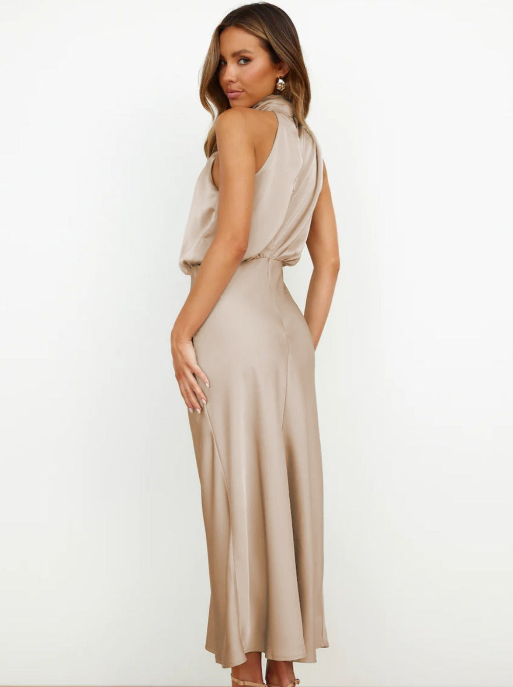 Damen Abendkleider Beige Festliches Maxikleid Elegantes Langes Hochzeitsgast Kleid Satin für Cocktail