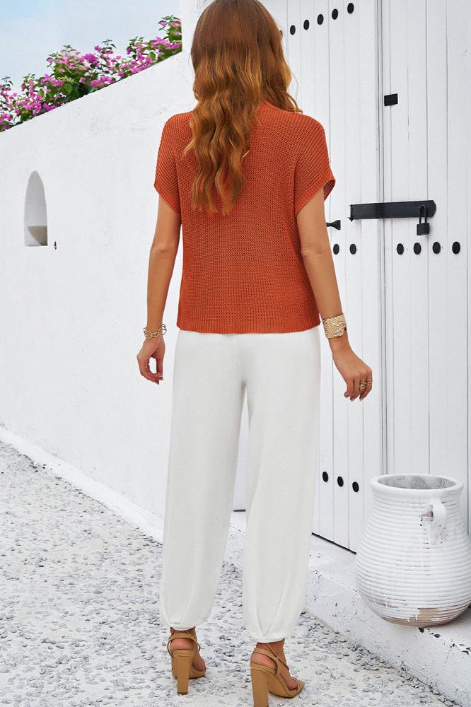 Orange Round Neck Short Sleeve Top and Pants Set