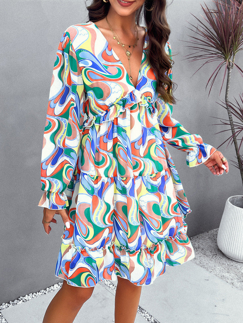 Green Temperament Floral Printed V-Neck Long-Sleeved Dress