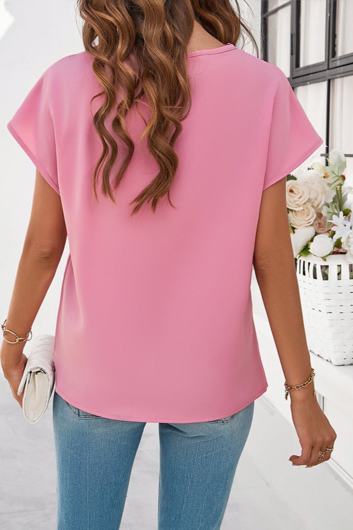 Camicia a maniche corte in pizzo con scollo a V rosa elegante 