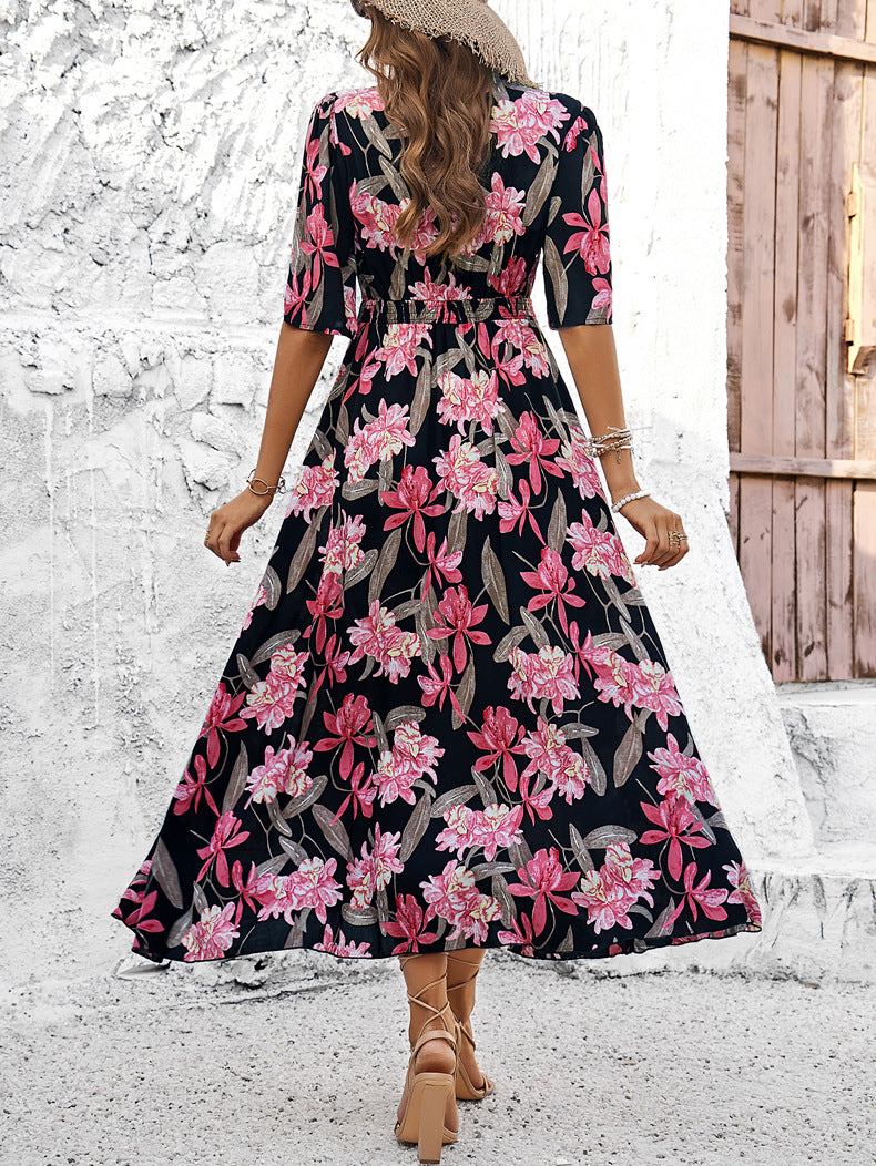 Black Floral Printed Large Swing Dress