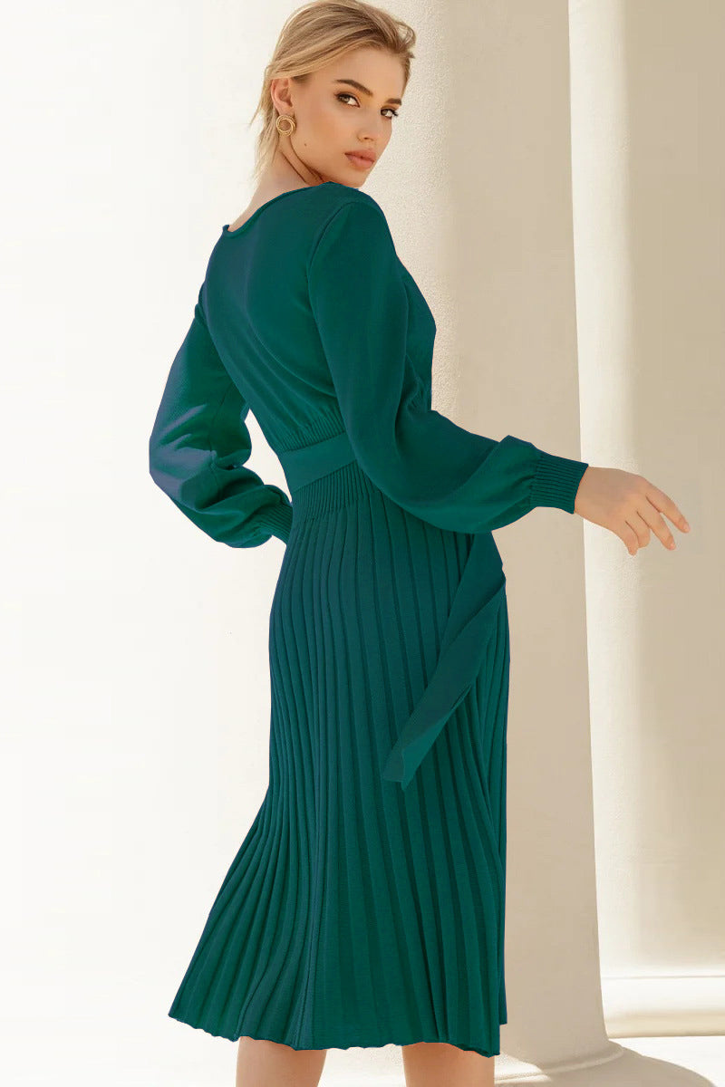 Balloon Sleeves Ribbed Knit Pleated Dress