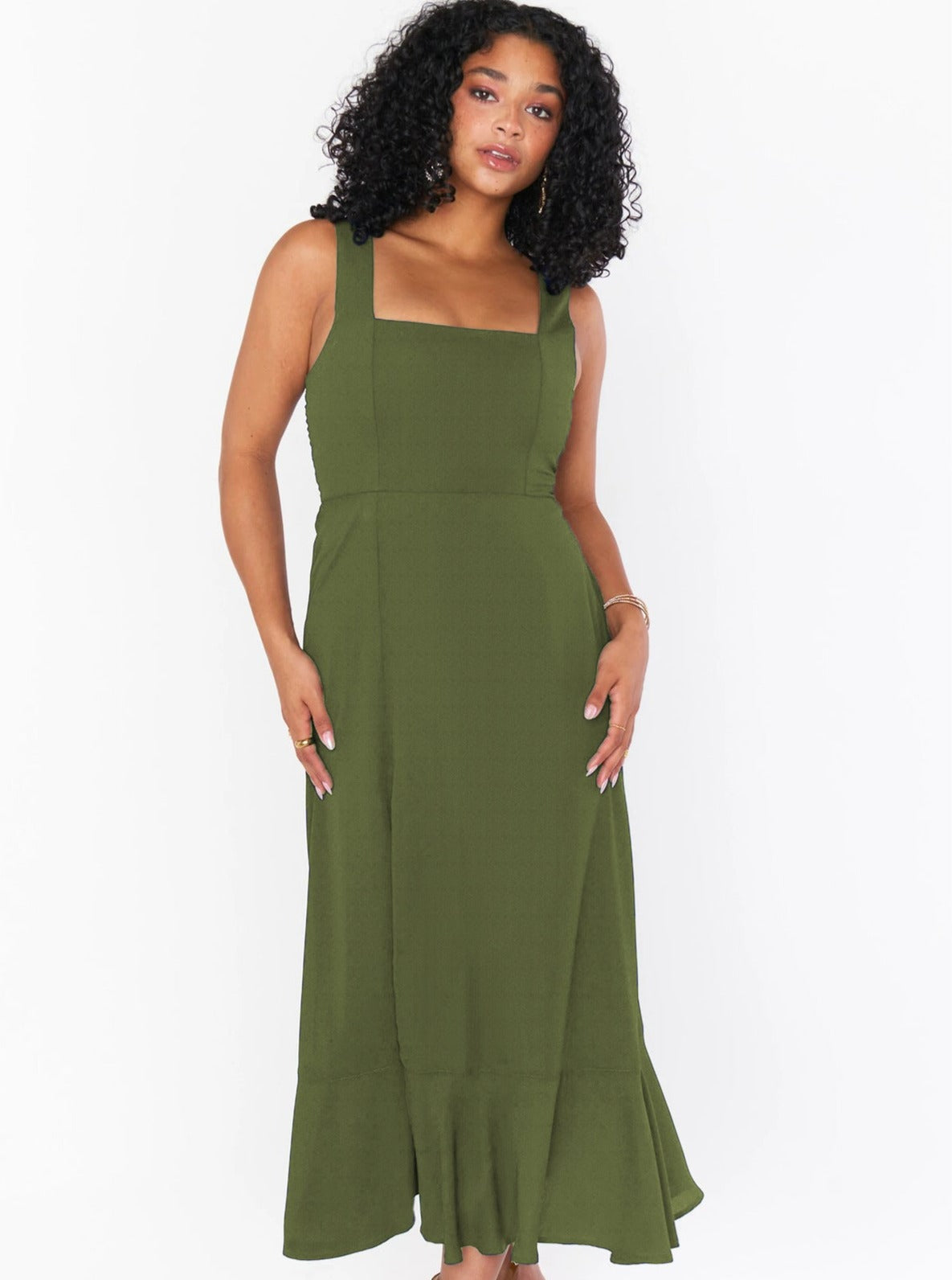 Grünes Sommerkleid Midi Elegant Leinen Mit Schlitz Schleife und Rüschen