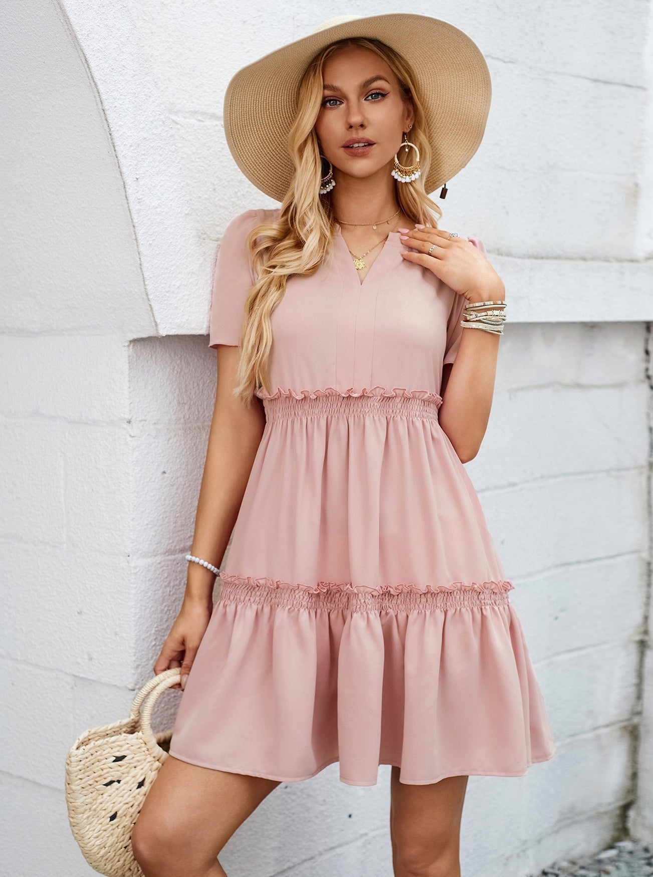 V-Neck Short Sleeve Smocked Ruffle Dress