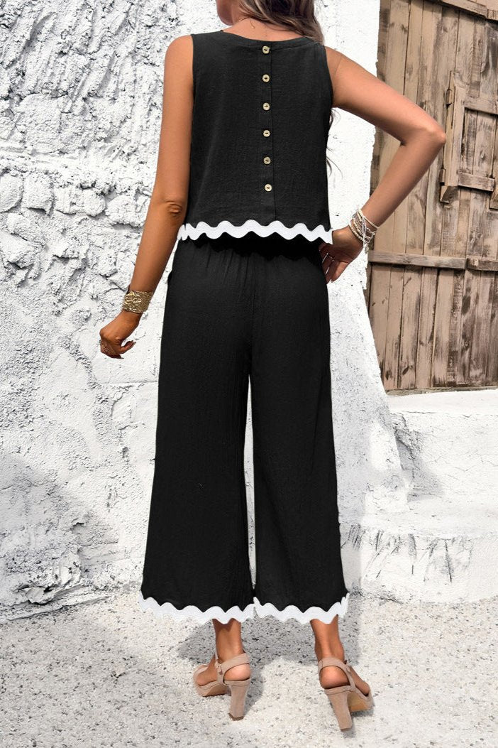 Black Summer Wavy Hem Sleeveless Top and Pants Set