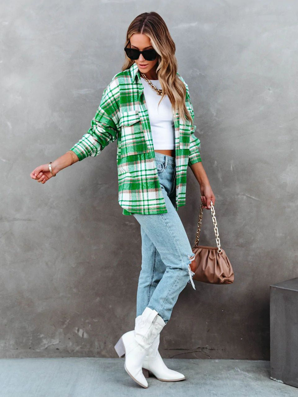 Chic Trendy Green Plaid Overshirt