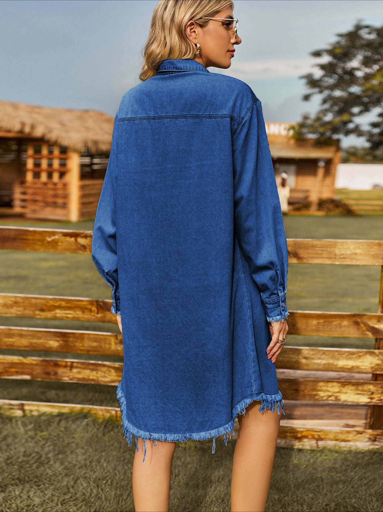 Fringed Hem Denim Shirt Dress