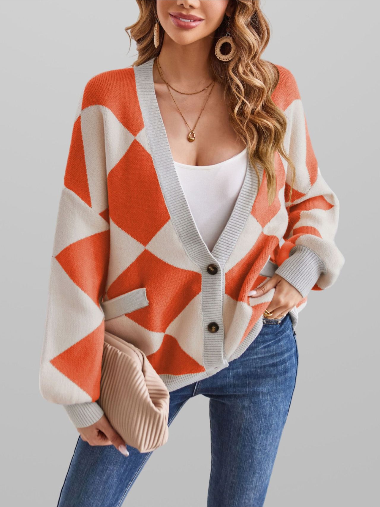 Strickjacke Damen Geometrisches Muster Oversize Cardigan mit Knöpfen, Pullover für Winter & Herbst, Casual Langarm V-Ausschnitt Strickjacken in Verschiedenen Farben